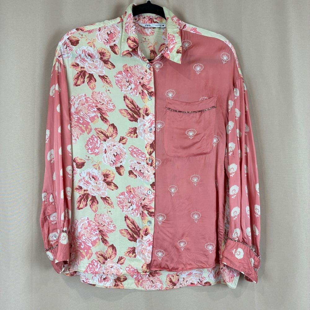 Zara Womens Top M Pink Floral Mixed Print Embroidered Boho Cottagecore Blouse - Picture 2 of 14